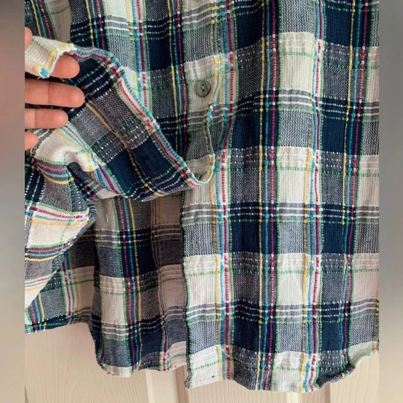 Lemon Grass Women's Textured Button Down Shirt Large Blue Pink Plaid Artsy - Picture 14 of 15